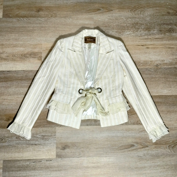 Feline Jackets & Blazers - Vintage Feline Blazer Medium Ivory Shimmer Stripe Coquette Dollette Ruffle Y2K